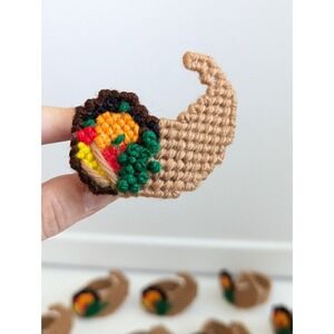 12 Vtg Thanksgiving Needlepoint Napkin Rings Handmade Plastic Canvas Cornucopia